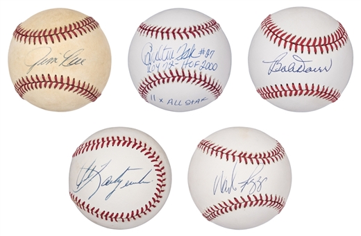 Lot of (5) Boston Red Sox Hall of Famers Signed Baseballs - Rice, Doerr, Yastrzemski, Fisk, Boggs (PSA/DNA & JSA)